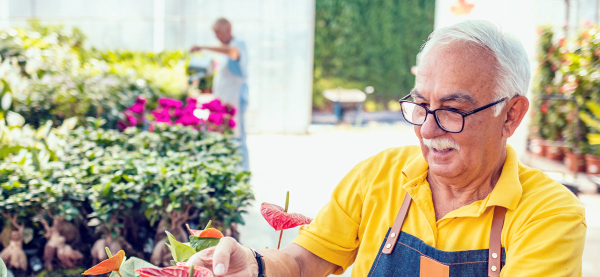 Man with allergies works in a greenhouse